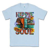 Dusty Blue hippie soul with caravan and flowers Classic Tee - Artiststas