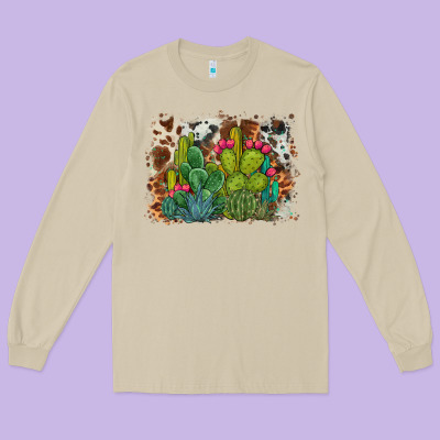 Watercolor Cactus Western Background Long Sleeve Tee Designed By Barkaloodesign
