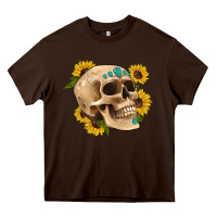 Chocolate Brown skull flowers and gemstone Heavy Core Tee - Artiststas