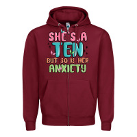 Burgundy she's a ten but so is her anxiety Zipper Hoodie - MaliasSmallBusiness