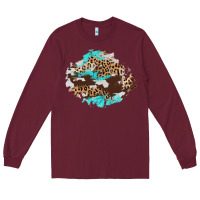 Burgundy cowhide leopard turquoise patch Long Sleeve Tee - AdoDesignShop