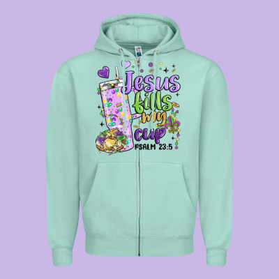 Mardi Gras Jesus Fills My Cup Zipper Hoodie Designed By Maliassmallbusiness