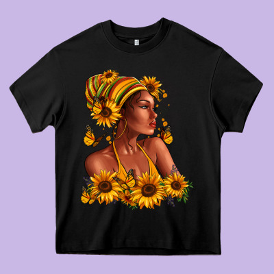 Heavy Core Tee Afro American woman sunflowers