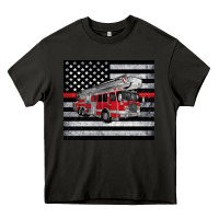 Asphalt thin red line American flag fire truck Heavy Core Tee - Artiststas