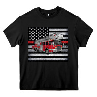 Black thin red line American flag fire truck Heavy Core Tee - Artiststas