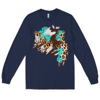 Navy cowhide leopard turquoise patch Long Sleeve Tee - AdoDesignShop