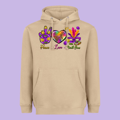 Peace Love Mardi Gras Heavyweight Hoodie Designed By Bundleandbundleshop