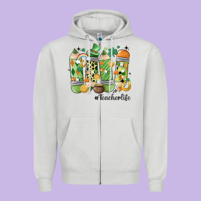Retro Patricks Day Teacher Life Zipper Hoodie Designed By Maliassmallbusiness