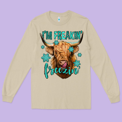 I'm Freakin Freezin Long Haired Cow Long Sleeve Tee Designed By Jasminsmagicworld