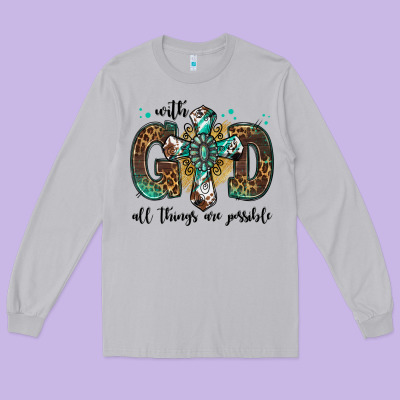 With God All Things Are Possible Gemstone Cross Long Sleeve Tee Designed By Jasminsmagicworld