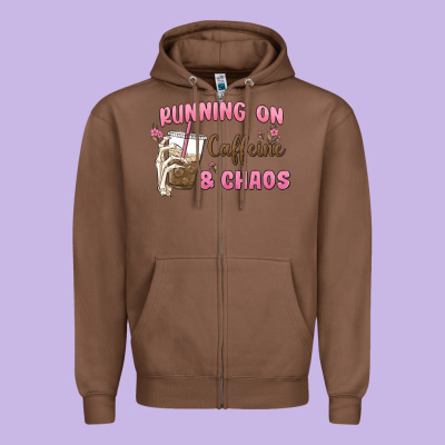 Running On Caffeine & Chaos Zipper Hoodie Designed By Maliassmallbusiness