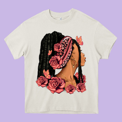 Heavy Core Tee Pink roses afro woman