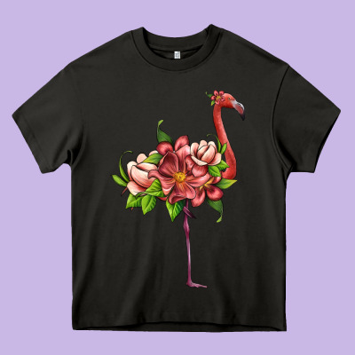 Flamingo With Tropical Flowers Heavy Core Tee Designed By Artiststas