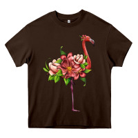 Chocolate Brown flamingo with tropical flowers Heavy Core Tee - Artiststas