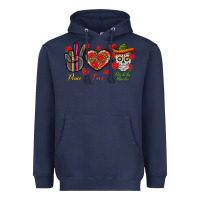 Navy Peace Love Dia De Los Muertos Heavyweight Hoodie - BundleAndBundleShop