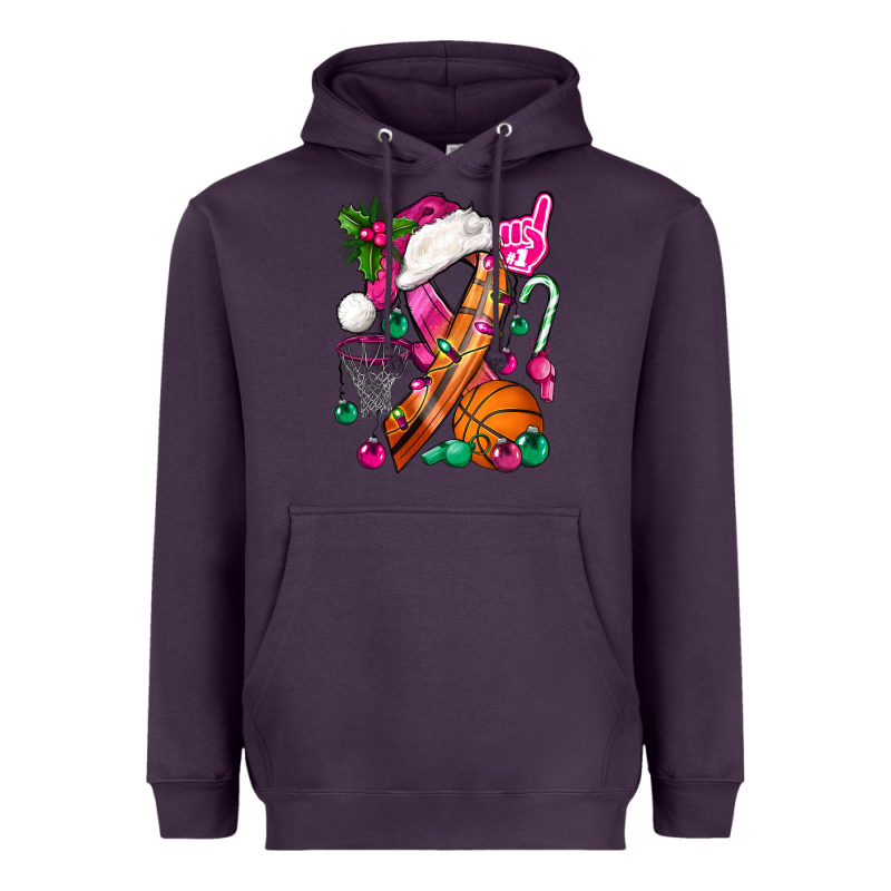 Pink Christmas Breast Cancer Ribbon Basketball Heavyweight Hoodie by BundleAndBundleShop | Teevron