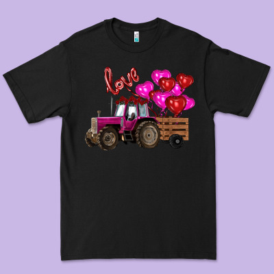 Premium Tee Valentine's day pink tractor with pin heart balloons