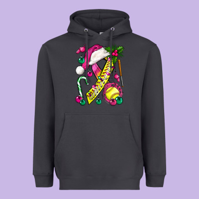 Pink Christmas Breast Cancer Ribbon Softball Heavyweight Hoodie Designed By Bundleandbundleshop