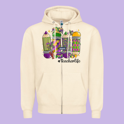 Mardi Gras Teacher Life Zipper Hoodie Designed By Maliassmallbusiness