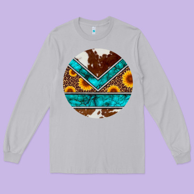 Turquoise Cowhide Leopard Sunflowers Round Long Sleeve Tee Designed By Artiststas