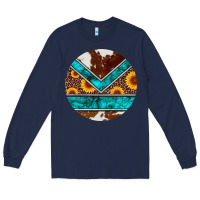 Navy turquoise cowhide leopard sunflowers round Long Sleeve Tee - Artiststas