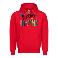 Red my brother is ausome autism Zipper Hoodie - MaliasSmallBusiness