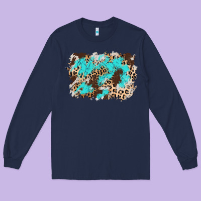 Cowhide Leopard Turquoise Background Long Sleeve Tee Designed By Adodesignshop