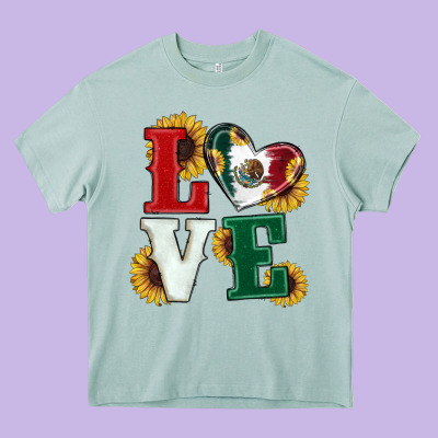 Heavy Core Tee Mexican Flag With Sunflowers Love