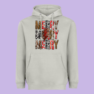 Merry Merry Merry Christmas Lightning Bolt Heavyweight Hoodie Designed By Bundleandbundleshop