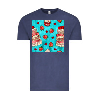 Vintage Denim valentines day cake and strawberries seamless pattern Vintage Tee - BundleAndBundleShop