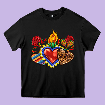 Heavy Core Tee Sacred heart with leopard and serape heart