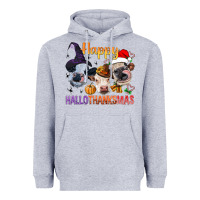 Heather Grey Happy Hallothanksmas Cows Heavyweight Hoodie - BundleAndBundleShop