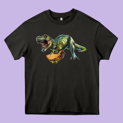 Heavy Core Tee T-Rex dinosaur holding a taco