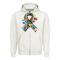 Oatmeal Heather autism puzzle ribbon Zipper Hoodie - MaliasSmallBusiness