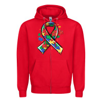 Red autism puzzle ribbon Zipper Hoodie - MaliasSmallBusiness