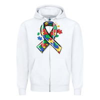 White autism puzzle ribbon Zipper Hoodie - MaliasSmallBusiness