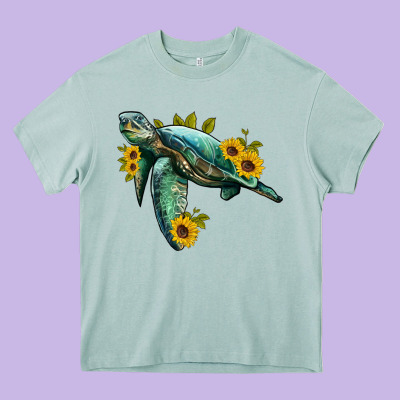 Sea Turtle With Sunflowers Heavy Core Tee Designed By Artiststas