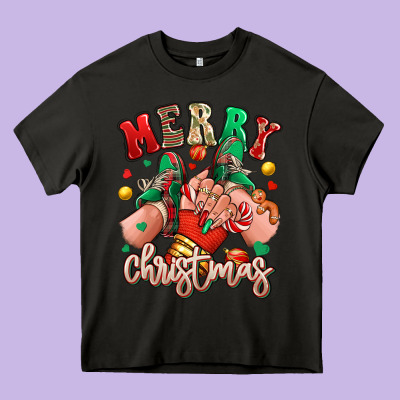 Heavy Core Tee Merry Christmas Caucasian girl sneakers