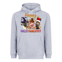 Heather Grey Happy Hallothanksmas Farm Animal Heavyweight Hoodie - BundleAndBundleShop