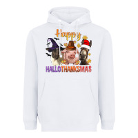 White Happy Hallothanksmas Farm Animal Heavyweight Hoodie - BundleAndBundleShop