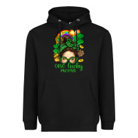Black St. Patrick Messy Bun One Luck Mama With Clover Heavyweight Hoodie - BundleAndBundleShop
