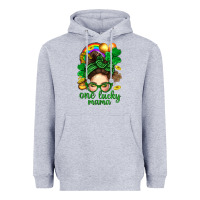 Heather Grey St. Patrick Messy Bun One Luck Mama With Clover Heavyweight Hoodie - BundleAndBundleShop