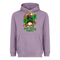 Lavender St. Patrick Messy Bun One Luck Mama With Clover Heavyweight Hoodie - BundleAndBundleShop