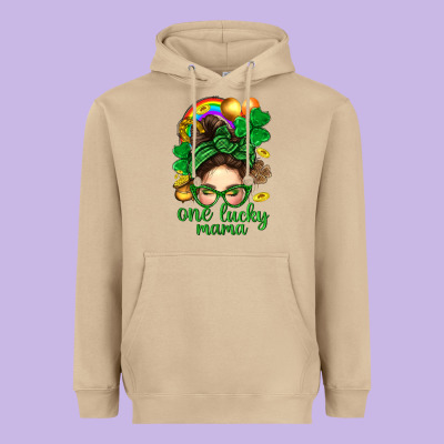 St. Patrick Messy Bun One Luck Mama With Clover Heavyweight Hoodie Designed By Bundleandbundleshop