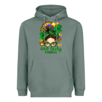 Sage St. Patrick Messy Bun One Luck Mama With Clover Heavyweight Hoodie - BundleAndBundleShop