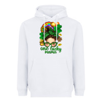 White St. Patrick Messy Bun One Luck Mama With Clover Heavyweight Hoodie - BundleAndBundleShop