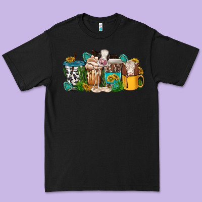 Western Cow Coffee Cup Premium Tee Designed By Texasbilliewilder