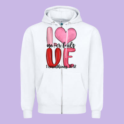 Love Never Fails Valentine S Day Zipper Hoodie Designed By Maliassmallbusiness