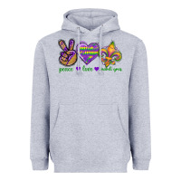 Heather Grey Peace Love Mardi Gras Heavyweight Hoodie - BundleAndBundleShop