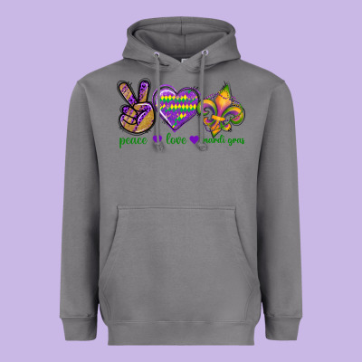 Peace Love Mardi Gras Heavyweight Hoodie Designed By Bundleandbundleshop